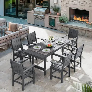 Pamapic 7 Pcs Outdoor Dining Set, 450 lbs HDPE Outdoor Table and Chairs, Spacious Patio Dining Sets with Elegant Armrest, All-Weather Wood Grain