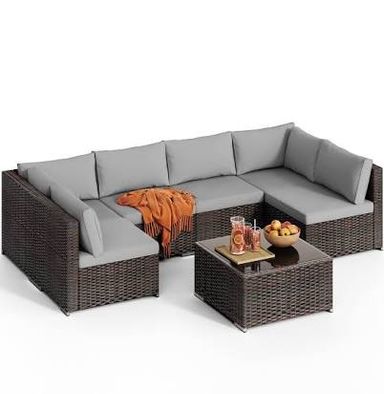 Qsun 7-Piece Outdoor Sectional Patio Furniture Set PE Rattan Outdoor Furniture Patio Conversation Set with Cushions and Glass Co