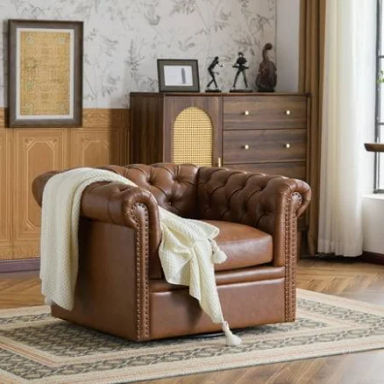 Bentar Upholstered Tufted Chesterfield 360 Degree Swivel Club Chair with Nailhead Trim, Cognac, 320050