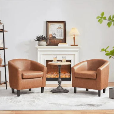 Renwick Faux Leather Barrel Accent Chair for Living Room, Set of 2, Brown