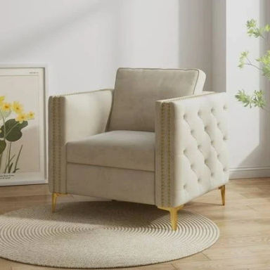 Velvet Accent Chair with Gold Legs - Elegant Tufted Armchair for Living Room or Bedroom - Beige