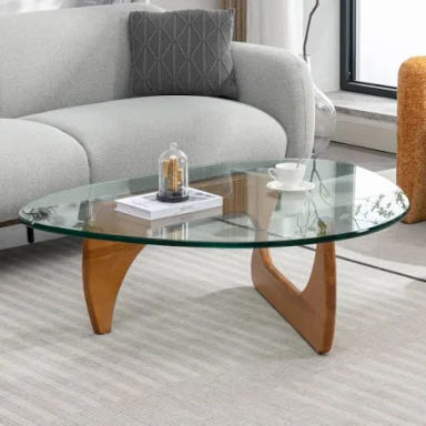 Mjkone Noguchi Triangle Glass Coffee Table | Modern Glass Top Table with Solid Wood Frame | Coffee Table with Tempered Glass Top | Glass Coffee Table