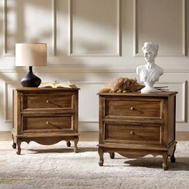 HULALA HOME Wood Nightstands Set of 2 with Charging Station Space, Bedside Tables 2 Drawer Dressers with Drawer and Wooden Legs, French Storages End