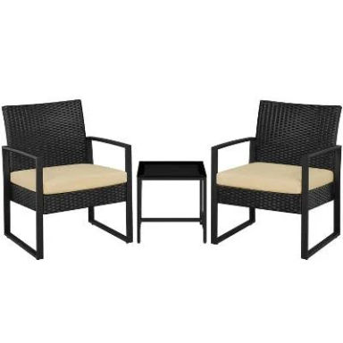 Yaheetech 3 Piece Patio Set Modern PE Bistro Furniture Conversation Sets, Khaki