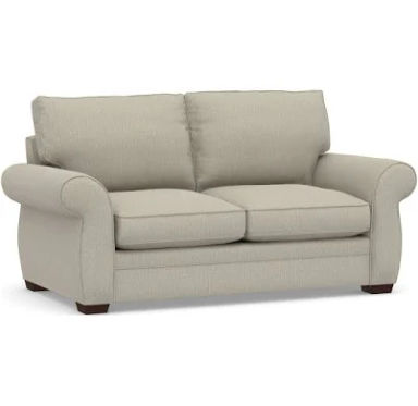 Pearce Roll Arm Upholstered Loveseat 72" 2x2, Down Blend Wrapped Cushions, Chenille Basketweave Pebble | Pottery Barn