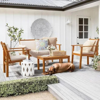 Chillrest 4-Piece Acacia Wood Patio Conversation Set with Cream Cushion