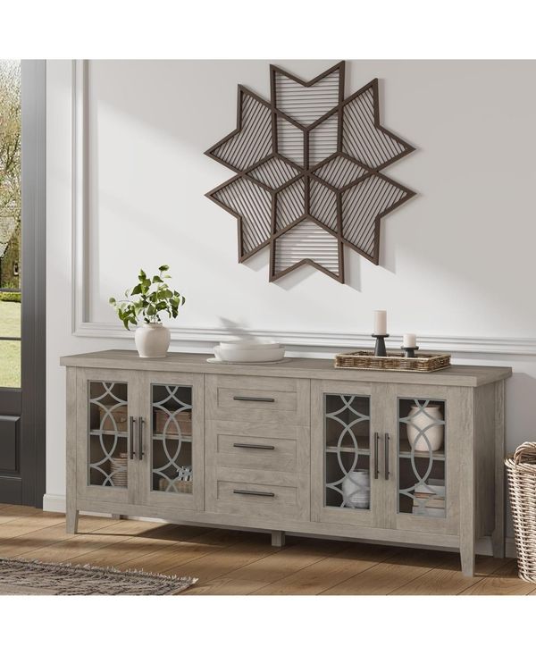 gaomon Farmhouse Tv Stand for 70" TVs, Mid-Century Console with Glass Door, 2 Doors, 3 Drawers and Shelves - Grey