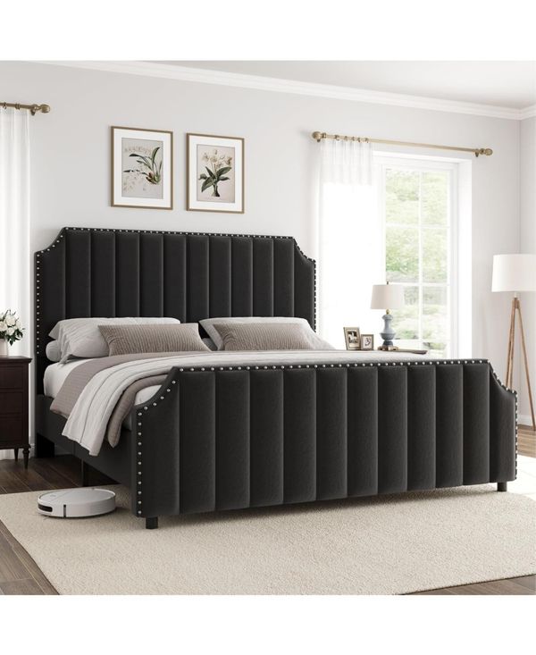 gaomon Queen Size Platform Bed Frame 50.2in Velvet Channel Tufted Headboard Footboard Nailhead Trim No Box Spring - Black