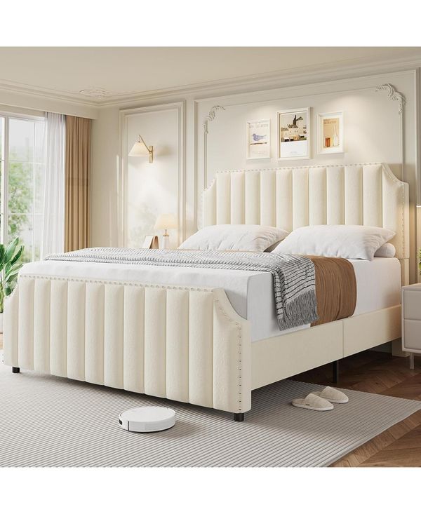 Gaomon Queen Size Velvet Bed Frame with 50.2" Tufted Headboard & Footboard, Nailhead Trim, No Box Spring Needed, Noise-Free - Beige