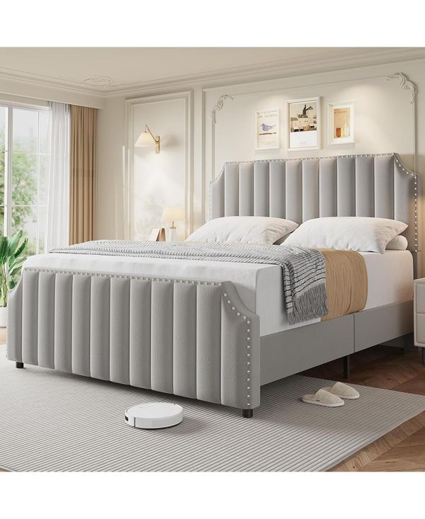 Gaomon Queen Size Velvet Bed Frame with 50.2" Tufted Headboard & Footboard, Nailhead Trim, No Box Spring Needed, Noise-Free - Grey