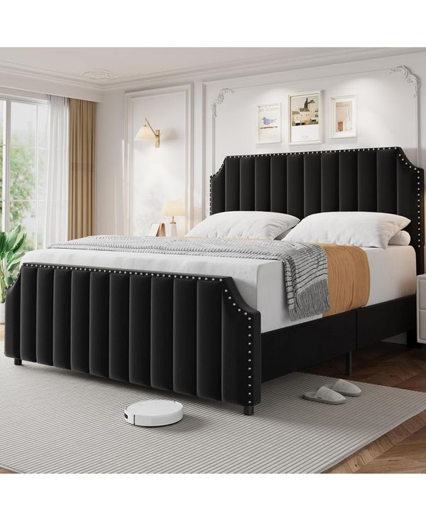 Gaomon Queen Size Velvet Bed Frame with 50.2" Tufted Headboard & Footboard, Nailhead Trim, No Box Spring Needed, Noise-Free - Black