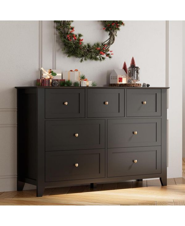 gaomon 7 Drawer Dresser, Modern Wood Chest with Gold Handles and Large Storage for Bedroom or Hallway - Black