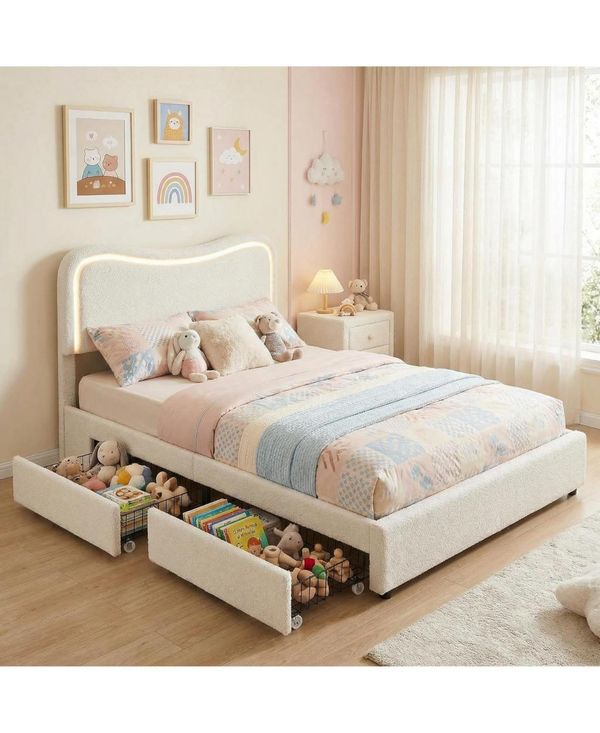 gaomon Boucle Bed Frame with 2 Storage Drawers, Upholstered Platform Bed with Led Headboard - White