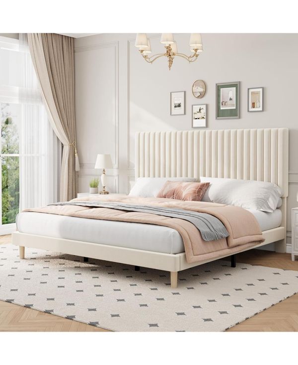 gaomon Wooden Platform Bed Frame with Storage Headboard & Raised Footboard, No Box Spring Needed - Beige