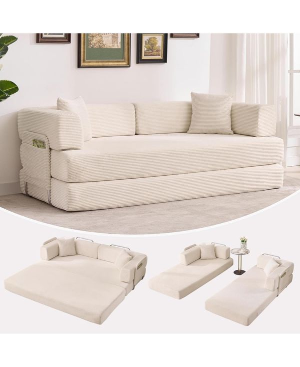 gaomon Convertible Couch - 78.7" Folding Sofa Bed with 2 Pillows, No Assembly Required for Living Room, Bedroom - Beige overflow
