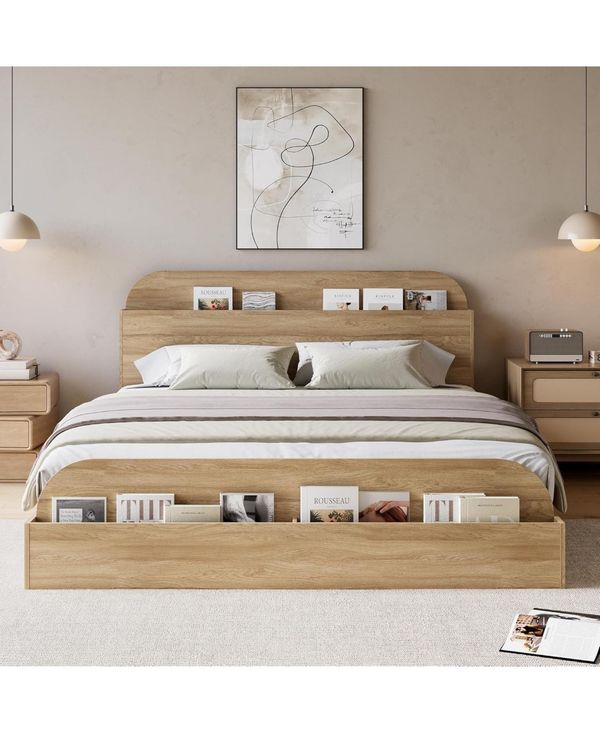 gaomon Queen Wooden Platform Bed Frame with Storage Headboard & Raised Footboard, No Box Spring Needed - Natural