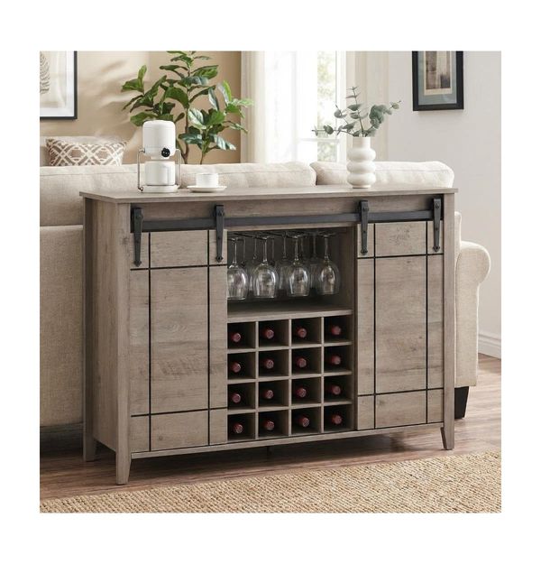 gaomon Farmhouse Bar Cabinet with Sliding Barn Doors, Rustic Liquor & Coffee Station with Wine Glass Racks & Adjustable Shelves - White