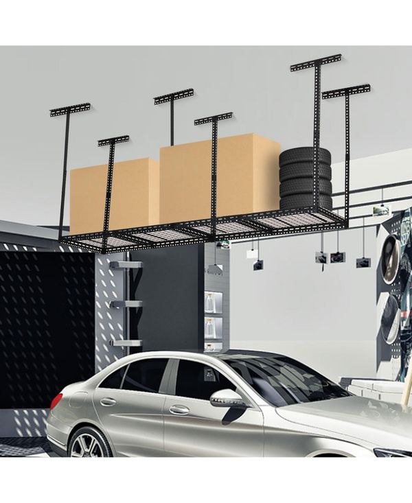 homfan 4 x 6 Foot Overhead Garage Storage Rack with Adjustable Ceiling Shelf and 330 Pound Capacity - Black