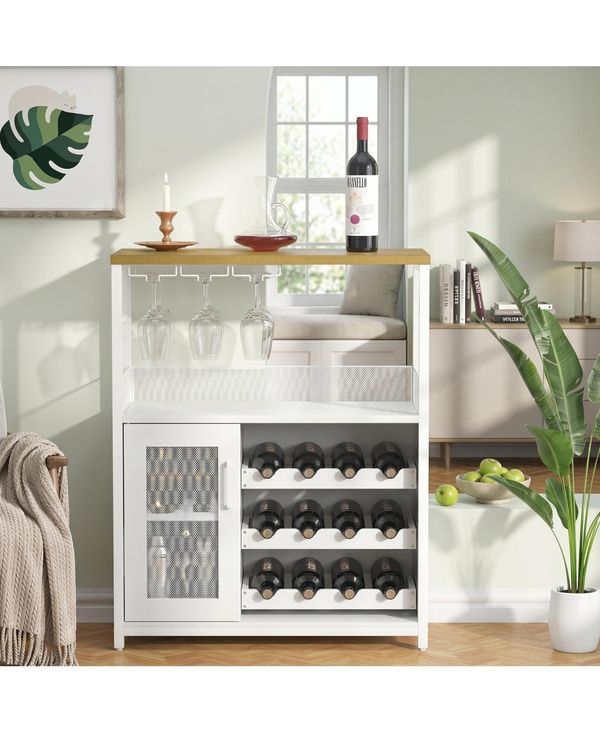 homfan Wine Cabinet with Removable Bottle Storage, Stemware Holder and Ventilated Cabinet Durable Mdf and Iron Home Bar Organizer for Dining Room - Wh