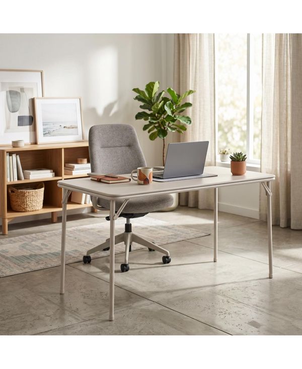 homfan Heavy-Duty Folding Table with Pu Leather Top and Sturdy Metal Frame - Portable Space-Saving Table for Parties, Picnics and Events - Beige/Khaki