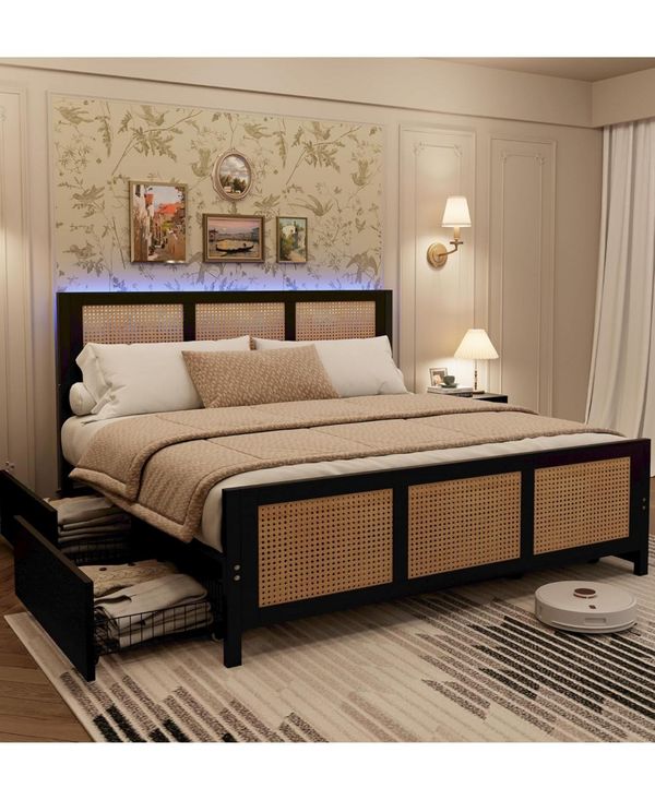 gaomon King Size Rattan Accent Storage Bed with 4 Drawers, Woven Front, Led Lights, Black Mdf Frame - Black