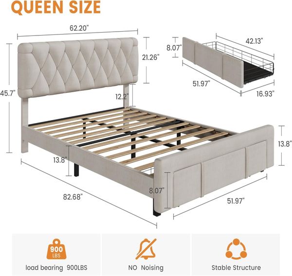 Gaomon Size Upholstered Platform Bed Frame with 2 Storage Drawers, Solid Wood Slats, No Box Spring Needed, Noise-Free - Beige