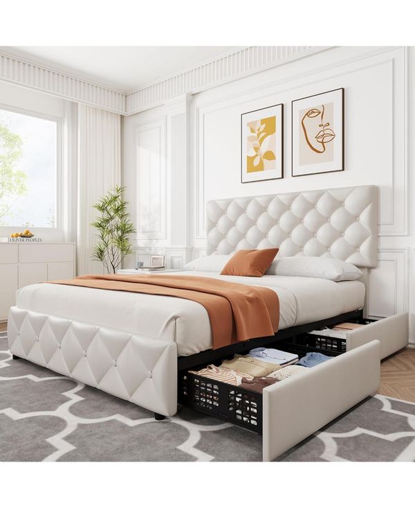 Gaomon Queen Size Bed Frame with 4 Storage Drawers, Adjustable Headboard, Faux Leather Upholstered Platform - White