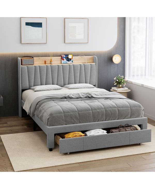 gaomon Upholstered Platform Bed Frame with Storage Drawers and Charging Station Headboard, No Box Spring Needed, Easy Assembly - Grey