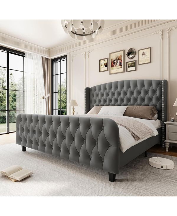 gaomon Queen Led Bed Frame with Storage Headboard & Drawers - No Box Spring Needed - Grey