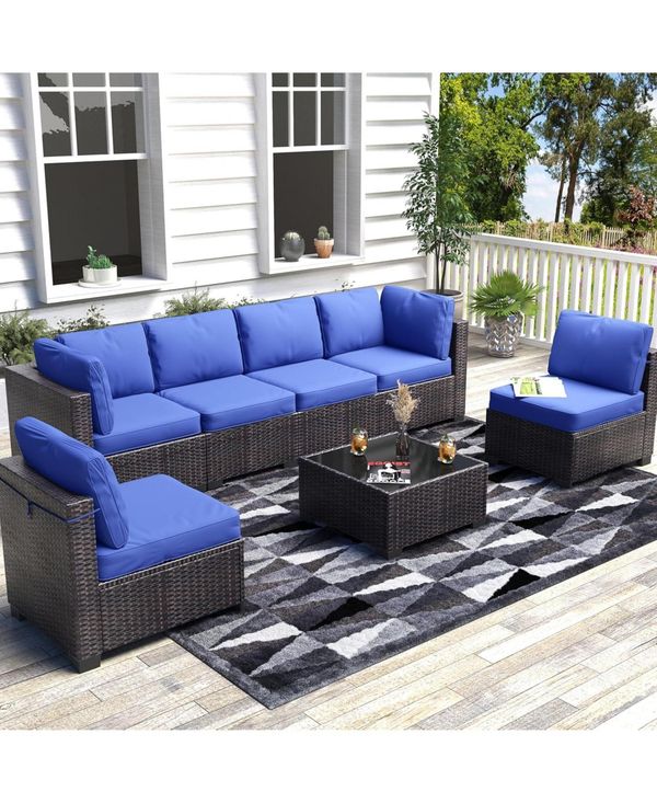 gaomon Patio Funiture Set 7 Pieces Outdoor Rattan with Detachable Soft Cushions Patio Conversation Sets Waterproof Patio Sectional Sofa - Blue