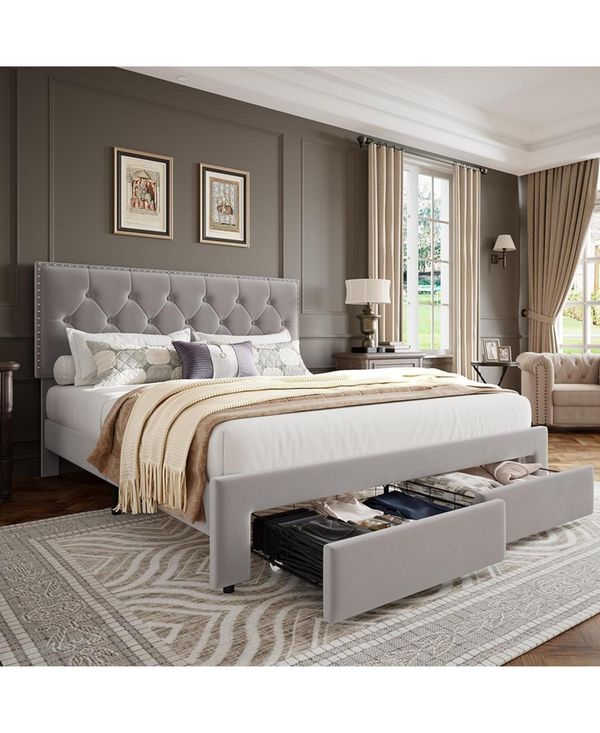 gaomon King Bed Frame 2 Storage Drawers Wooden Slat Vintage Velvet Upholstered Wingback Headboard No Box Spring Noise Free - Beige/Khaki