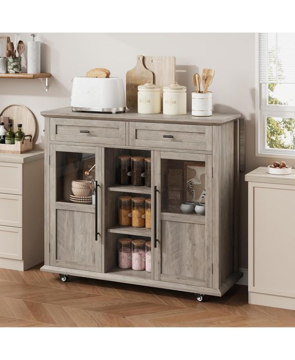gaomon Mobile Storage Island, 2-Tier Rolling Kitchen Cart with Storage Shelf & Towel Rack, Kitchen Coffee Bar Station with Drop Leaf for Small Spaces