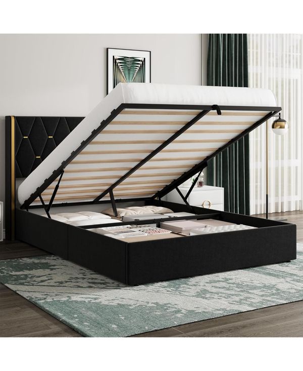 gaomon Size Lift Up Storage Bed Frame with with Gold Wingback Headboard, Velvet Upholstered Bed Frame with Diamond Tufted Design & Gold Trim - Black