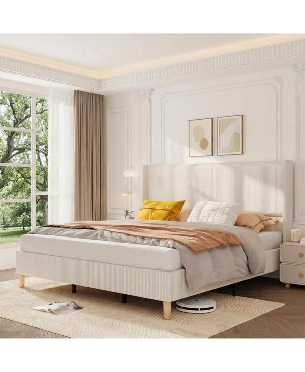 gaomon King Size Bed Frame, Corduroy Platform Bed Frame with 50'' Tall Wingback Headboard, Sturdy Wooden Slats Support, Noise Free - Beige