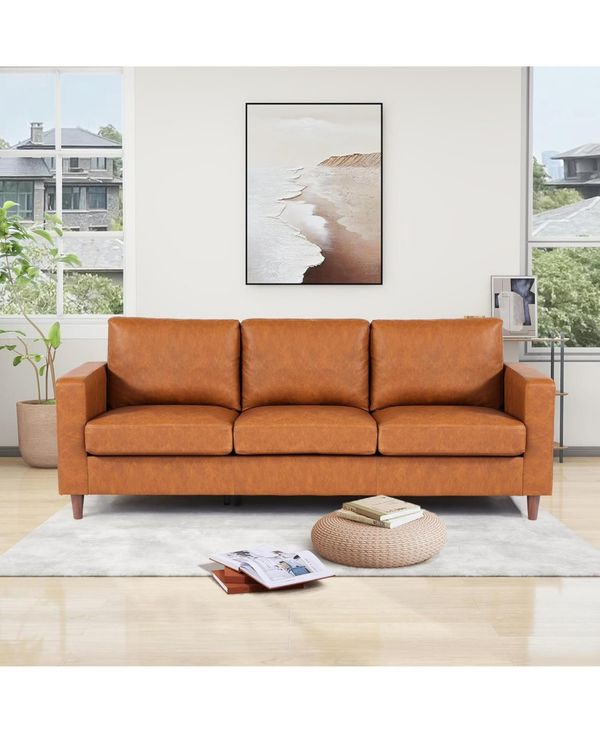 gaomon 83" Mid-Century Modern Pu Leather Sofa, 3-Seater Couch with Tapered Legs, Deep Seat, Comfy Cushions, for Living Room, Bedroom - Brown