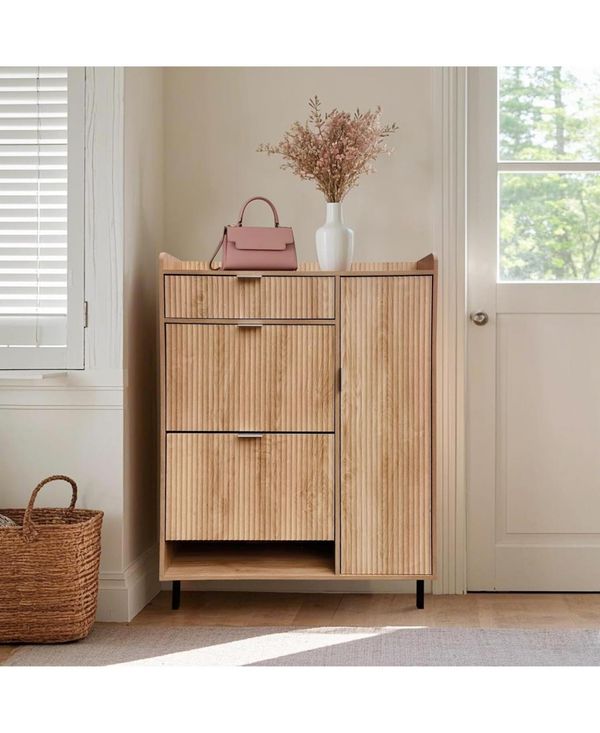homfan Oak Wavy Shoe Cabinet with 2 Flip Drawers and 2 Small Drawers, Metal Legs, 9.45 in Deep Slim Entryway Storage Organizer - Brown