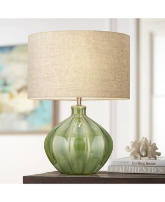 Gordy Modern Accent Table Lamp Handcrafted 20.5" High Ribbed Green Ceramic Oatmeal Fabric Drum Shade Decor for Living Room Bedroom House Bedside Nightstand Home (Color May Vary) - 360 Lighting