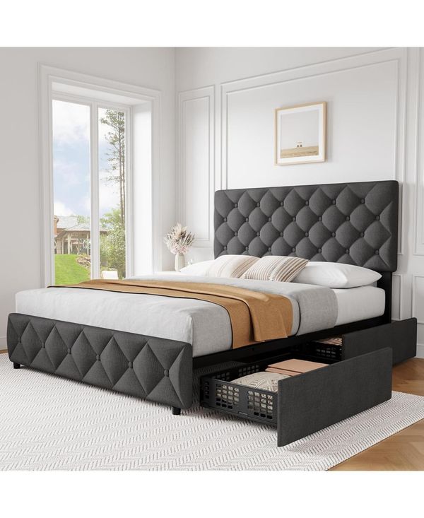 Gaomon Queen Size Bed Frame with 4 Storage Drawers, Linen Upholstered Platform Bed Frame with Adjustable Headboard - Grey