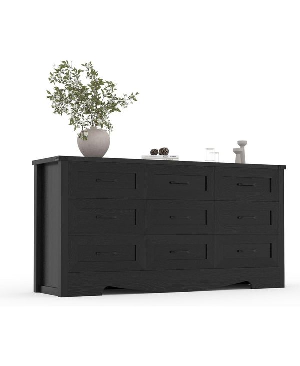 gaomon 59" Wide 9-Drawer Dresser for Bedroom, Farmhouse Tall Wooden Chest of Drawers with Mid Century Modern Style - Black