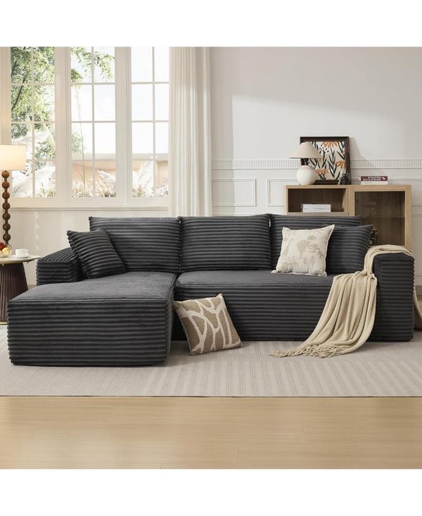 Gaomon Cloud Sectional Couch with L-Shape Chaise- Modern Plush Corduroy Sofa for Living Room - Deep grey left