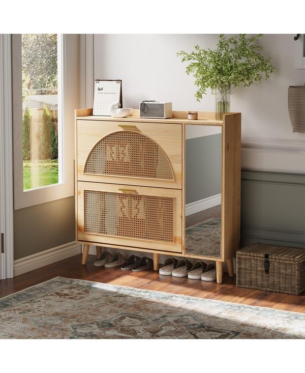 homfan Rattan Shoe Cabinet with Mirror, 2 Flip Drawers and Side Door, Entryway Storage - Brown