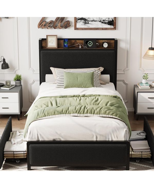 Homfan Upholstered Bed Frame with Storage Headboard, 2 Drawers and Charging Station, No Box Spring Needed