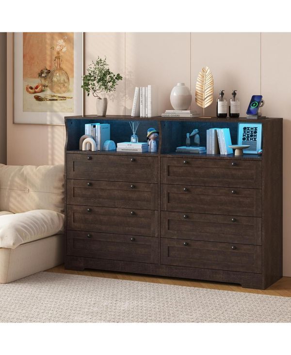 gaomon 8-Drawer Bedroom Dresser with Charging Station & Led Lights, Modern Wide Wooden Chest for Bedroom Living Room Hallway Entryway