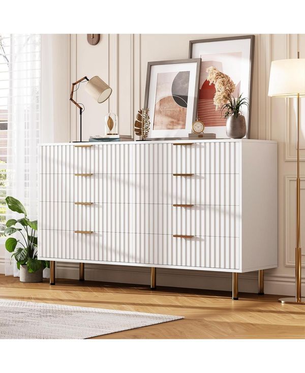 gaomon 8-Drawer 55-Inch-Wide Chest, Deep Drawers, Large Organizer Modern Fluted White Dresser - White
