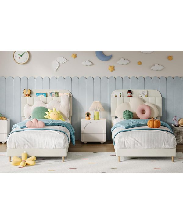 gaomon Set of 2 Twin Upholstered with Bookcase Headboard, Velvet Mattress Foundation, Steel Legs, Noise Free Platform Bed Frames - Beige