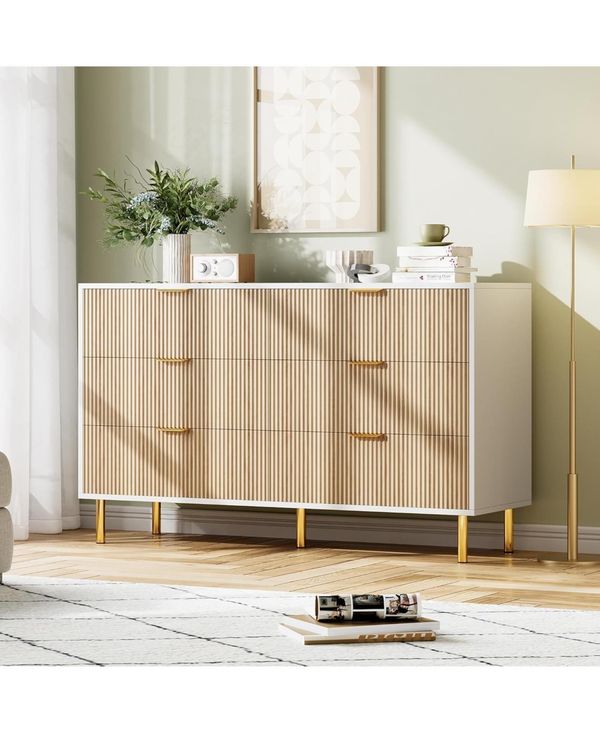 gaomon 6-Drawer Modern Natural Dresser, Gold Handle, Wide Double Chest, Large Drawer Storage Organizer for Bedroom, Living Room, Entryway - Natural