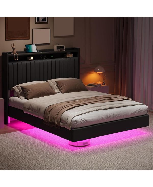gaomon Floating Bed Frame with Led Lights and Charging Station,Upholstered Platform Bed Frame with Headboard and Storage Shelf - Black