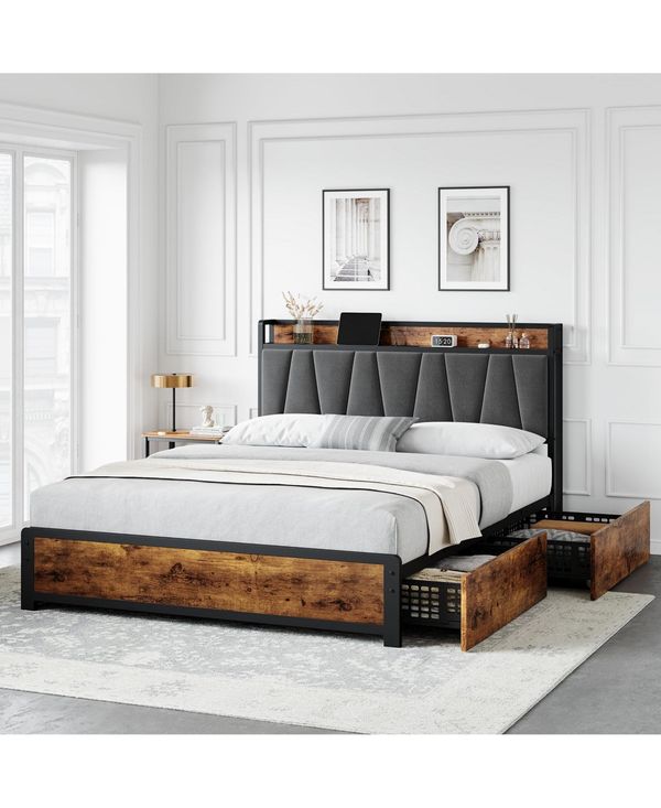 gaomon Full Bed Frame with Storage Linen Upholstered Headboard, 4 Storage Drawers - Brown