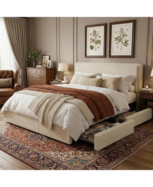 gaomon Teddy Fleece Bed Frame, Cloud Cream Bed Frame with 2 Storage Drawer and Adjustable Headboard, Soft Teddy Fabric - Beige