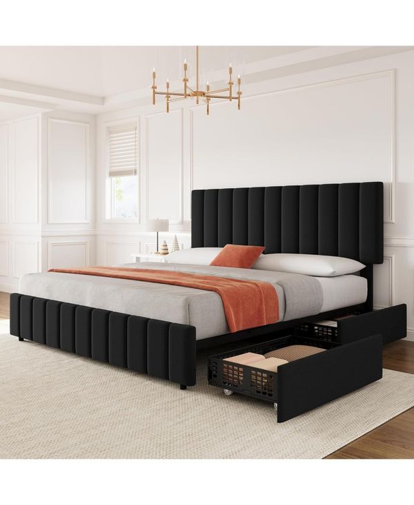gaomon White Queen Pu Leather Upholstered Bed Frame with 4 Storage Drawers, Adjustable Headboard, Sturdy Wooden Slats - Black